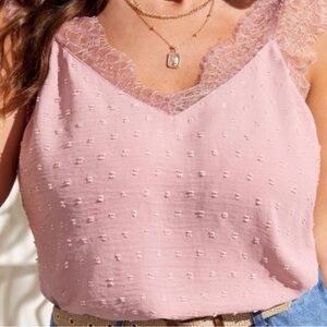 Baby Pink Swiss Dot‎ Lace Trim V-Neck Tank Top Small/Medium Boho Coquette Fairy
